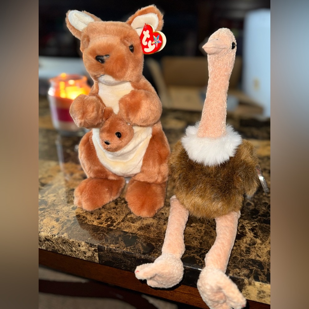 🦘 TY Beanie Buddies Set – Pouch Kangaroo & Stretch Ostrich – Large Plush Pair